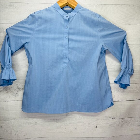 Chico’s No-Iron Chic Stretch Button Blouse Blue Stripe Ruffle Cuff Size 2 (12/L) - Picture 2 of 13